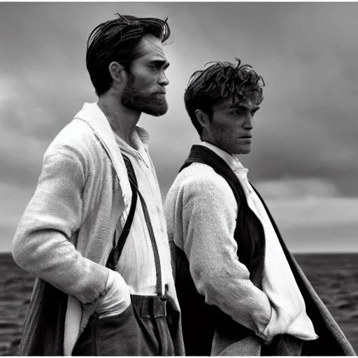 Image similar to Willem Dafoe and Robert Pattinson in The Lighthouse (2019), black and white cinematography