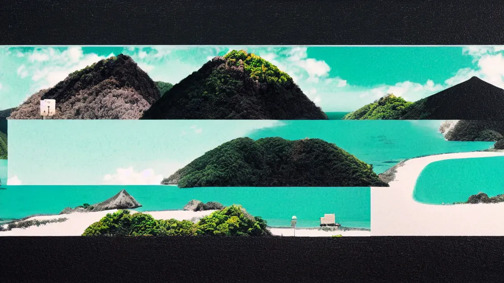 Image similar to dramatic landscape of amami oshima, japan, a collage painting, in the style of wes anderson, lola dupre, david hockney, isolated on negative white space background dark monochrome neon fluorescent spraypaint accents volumetric octane render