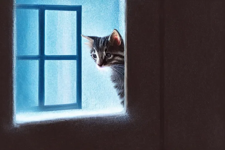 Image similar to a cinematic painting of an kitten inside of jail cell looking out of a small frosted window, beautiful lighting, high depth, ultra realistic, artistic, by gregory crewdson, blue color theme