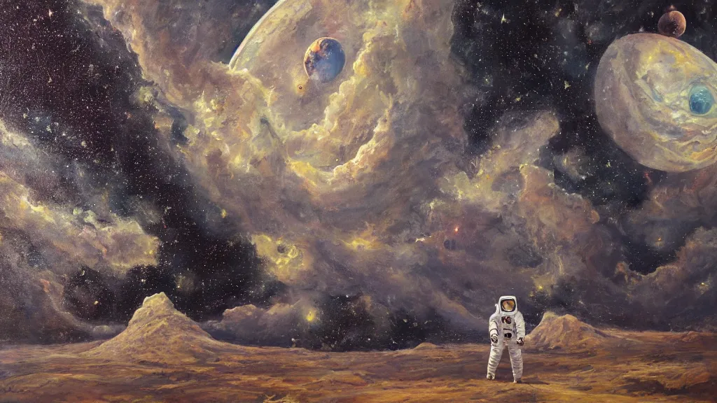 Image similar to an astronaut among goliaths in a landscape, oil on canvas, painting, 4k, wide shot