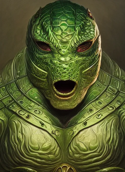 Image similar to duncan trussell mf doom reptile eyes, green skin. intricate, elegant, highly detailed, centered, digital painting, artstation, concept art, smooth, sharp focus, illustration, artgerm, tomasz alen kopera, peter mohrbacher, donato giancola, joseph christian leyendecker, wlop, frank frazetta