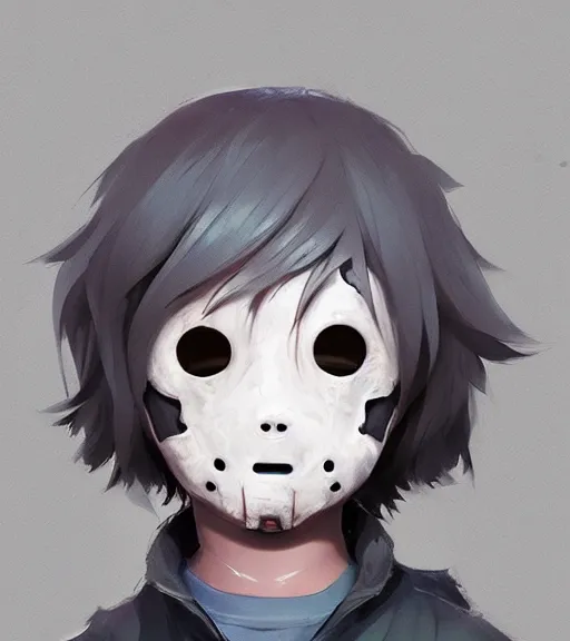 Image similar to beautiful little boy anime character inspired by jason voorhees, art by rossdraws, wlop, ilya kuvshinov, artgem lau, sakimichan and makoto shinkai, concept art, anatomically correct, extremely coherent, realistic, mask, smooth hd