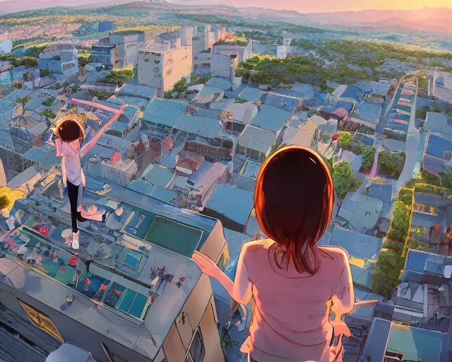 Image similar to teen standing on the roof of a building, sunset, bird eye view, fisheye view, illustration, by pine ( ハイネ ) and 薯 子 imoko and 香 川 悠 作 and wlop and maya takamura, highly detailed, trending artstation, pixiv, digital art