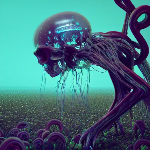 Prompt: a human Skull mutating into flowers, tentacles, unnatural shapes, jellyfish, insect, octane render, 3d digital art by beeple, unreal engine 5, award winning,