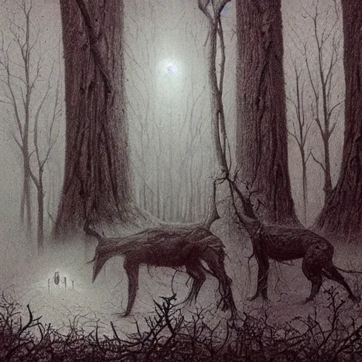 Prompt: occult sacrifice in the woods, skinwalkers involved, detailed concept art beksinski style