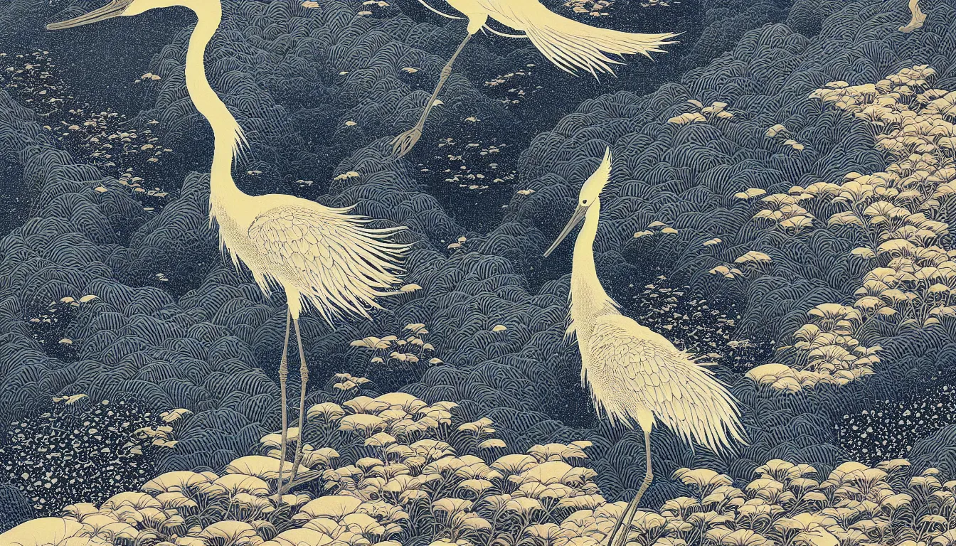 Image similar to japanese crane by woodblock print, nicolas delort, moebius, victo ngai, josan gonzalez, kilian eng