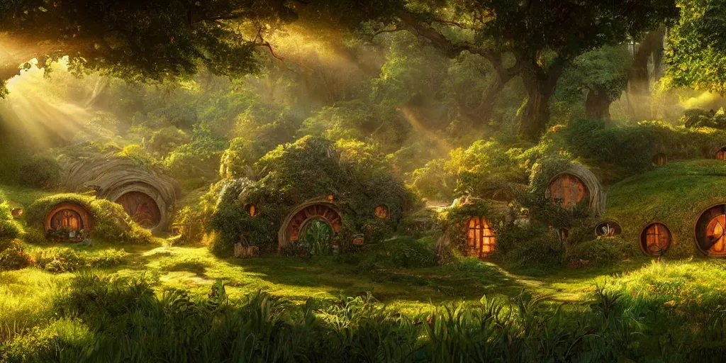 Prompt: ambience, atmosphere, sunbeams, lush and beautiful concept art for the shire and hobbit houses, lord of the rings, peter jackson, studio ghibli, detailed, realistic lighting, volumetric lighting, golden hour,