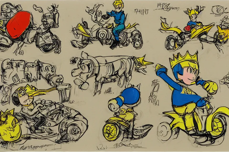 Prompt: concept sketches of a young boy riding a wearing a gold crown riding a large pig by jamie hewlett, in the style of megaman