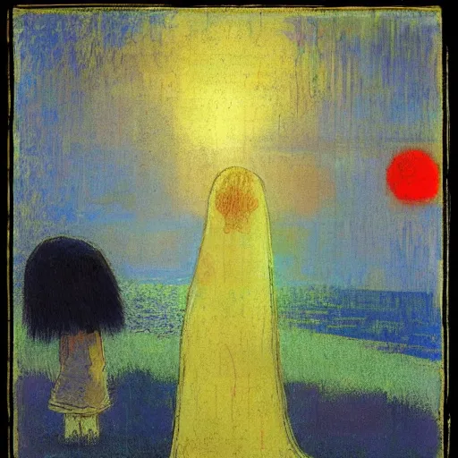 Image similar to glitch girl and very very tall monster wrapped in a blanket looks into the distance on the beach, in the rain, style by odilon redon, atmospheric