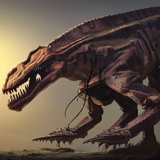 Image similar to a character art rendering of a robot T-rex made of mechanical parts, cartoonish psychedelic paleoart rendering, realistic dinosaur cyborg in the style of greg rutkowski, made with zbrush