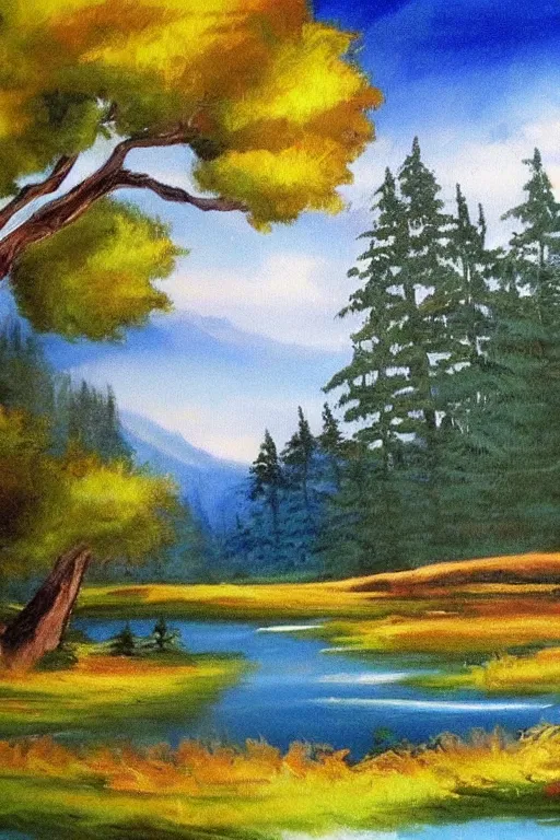 Image similar to a bob ross traditional landscape painting