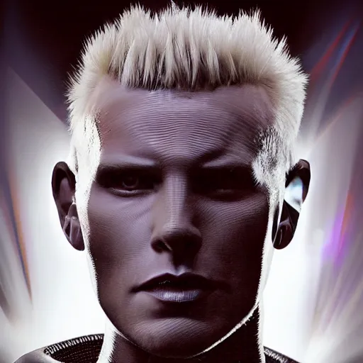 Image similar to hyperrealistic mixed media portrait of a Robot of Billy Idol forward angle, stunning 3d render inspired art by P. Craig Russell and Barry Windsor-Smith + perfect facial symmetry + dim volumetric lighting, 8k octane beautifully detailed render, post-processing, extremely hyperdetailed, intricate futuristic mechanic parts, epic composition, grim yet sparkling atmosphere, cinematic lighting + masterpiece, trending on artstation