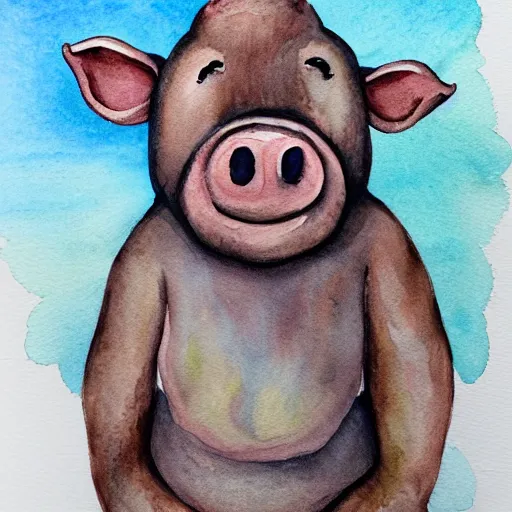 Prompt: Half-human half-bear half-pig, watercolour painting