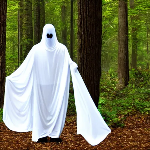 Prompt: a ghost in a sheet in spooky woods