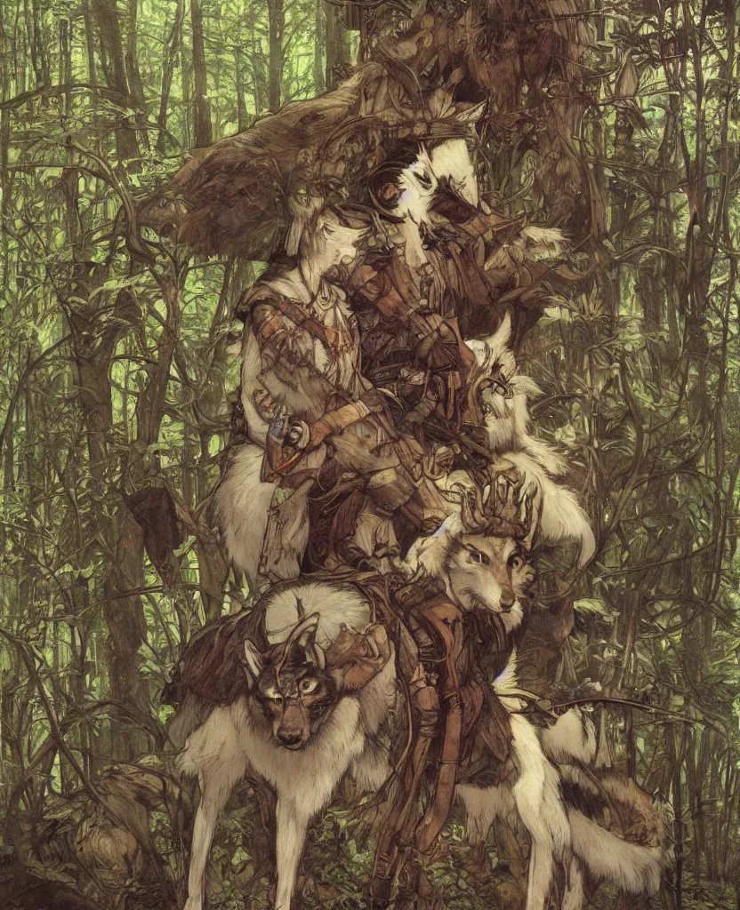 Image similar to portrait of Princess Mononoke, wolves, fully clothed in armor, lush forest, neon, concept art, schematics, painted by norman rockwell, mucha, james gurney, high detail, denoised, sharp, architectural