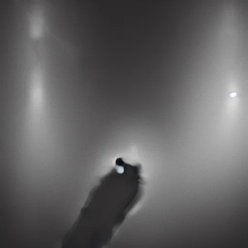 Prompt: an abstract photograph of a lonely male shadowy figure, underwater, there are street lanterns, motion blur, 35 mm, black-and-white