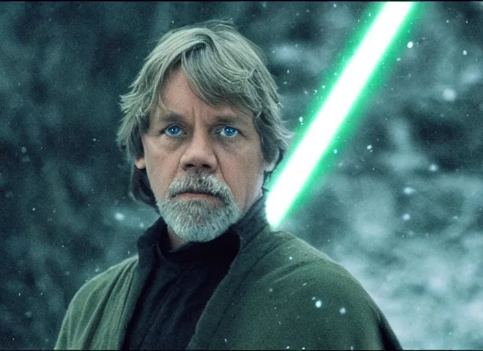 Prompt: luke skywalker in hbo's succession, snowing green particles from the sky, alien planet