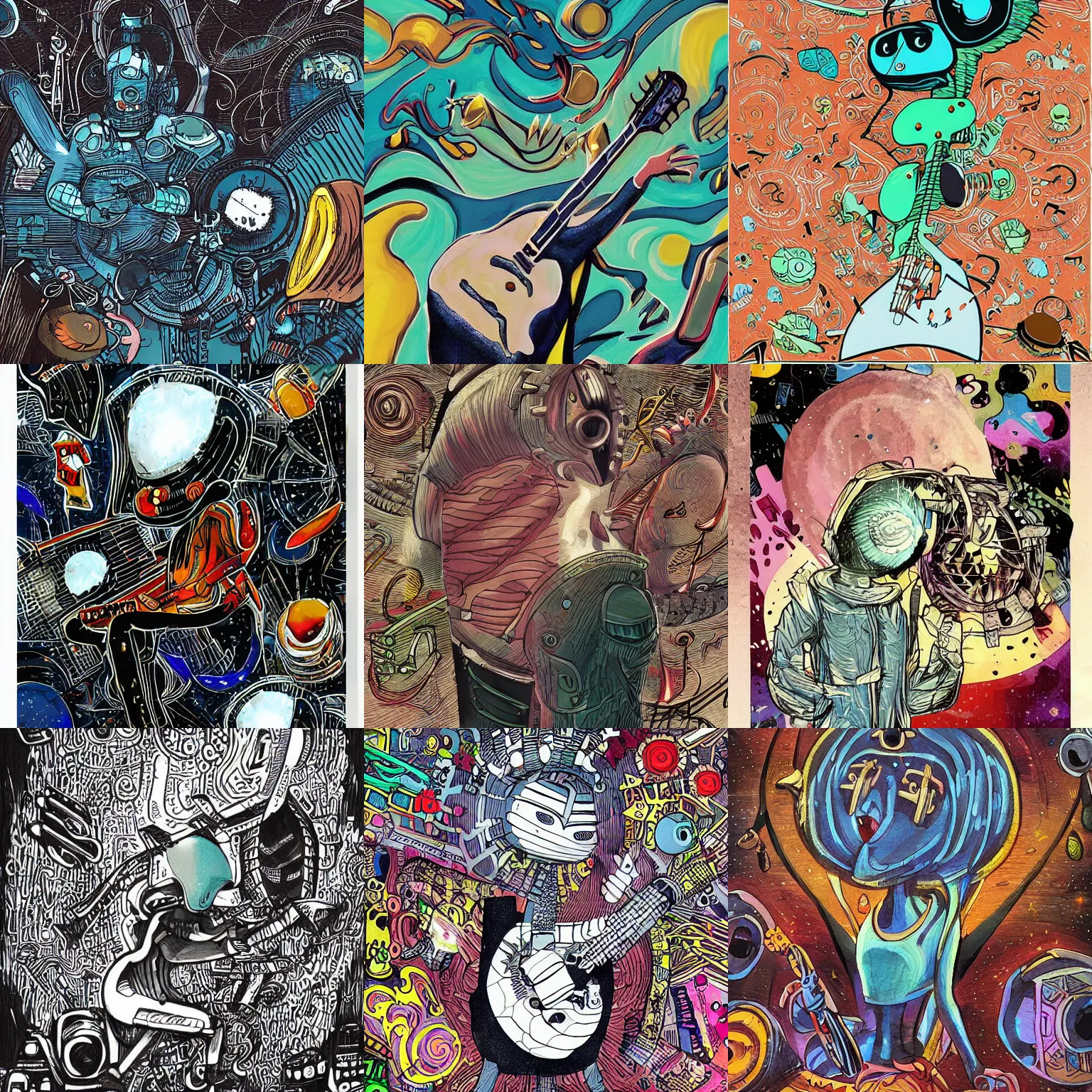 Image similar to an alien musician lost in space, surrounded by music, dark colors, digital art, hd, stylized character