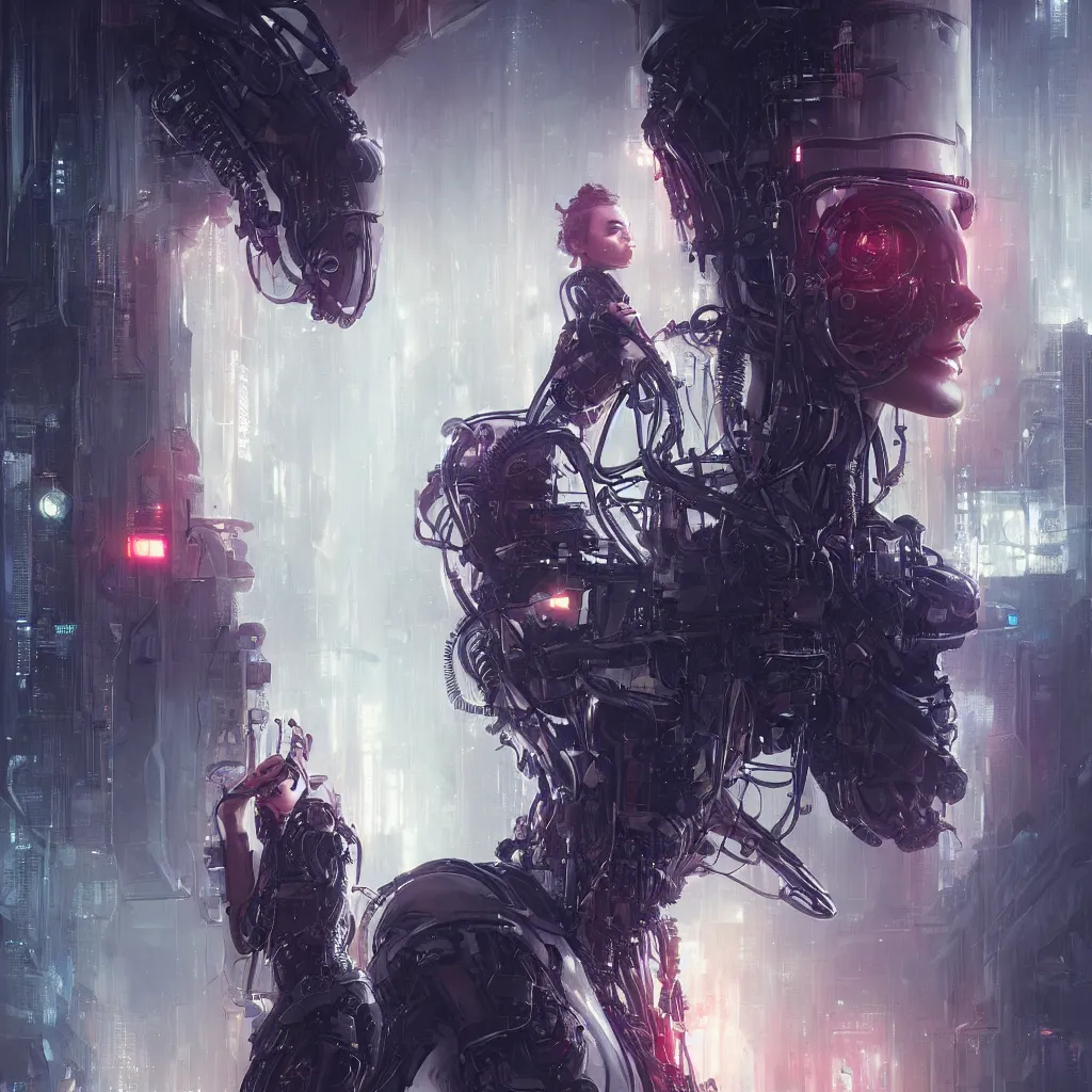 Prompt: portrait of a cyberpunk beautiful woman by Greg Rutkowski, biomechanical, full size highly detailed portrait, futuristic, digital engine, cinematic,8k,luminous, Blade Runner background, vapor