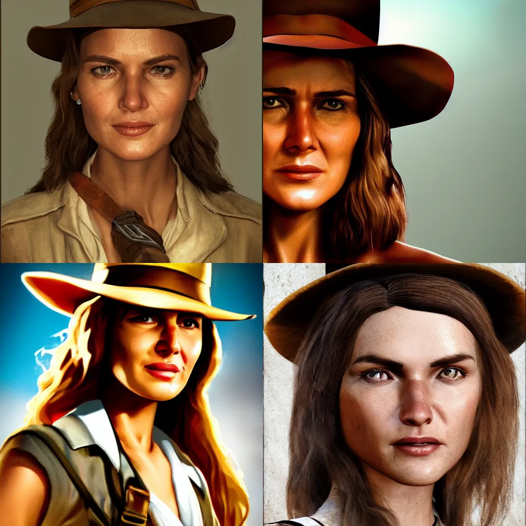 Prompt: female indiana jones + portrait + photo realism + cinematic + realistic, 8K