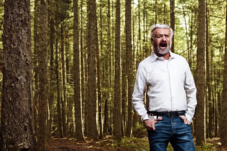 Image similar to a cinematic portrait of a middle aged man with golden teeth, forest background, wearing a white rugged shirt, dramatic lighting, back light, hair light, rim light, 4 k, ultra realistic, by clemens ascher