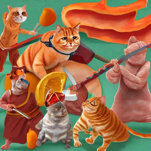 Image similar to anthropomorphic bacon, sword fighting an orange tabby cat, orange tabby sword fighting anthropomorphic bacon, award - winning photograph, realism
