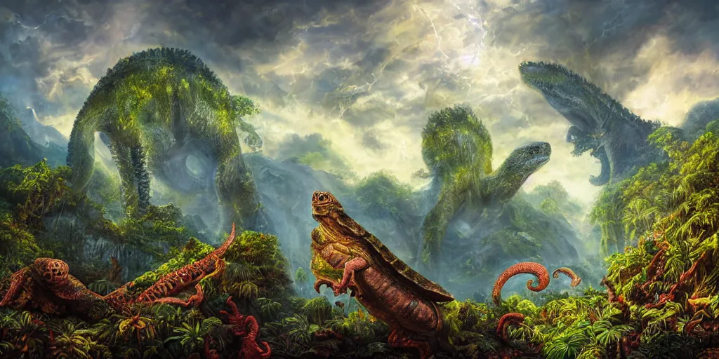 Image similar to fantasy oil painting, great leviathan, turtle cephalopod terrapin reptilian pachyderm amphibian hybrid, rainforest mountains, lush plants flowers, epic natural light, bright clouds, luminous sky, outer worlds, bright cinematic lighting, michael cheval, michael whelan, vray, 8 k hd