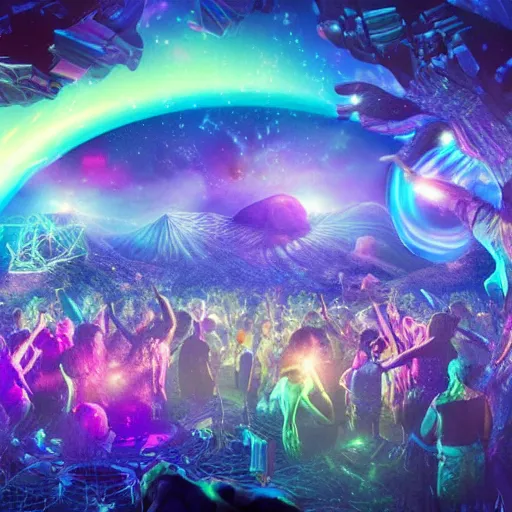 Image similar to a cosmic rave party in the end of the world, high detail beautiful matte painting, ultrarealistic, octane render, cosmic psychedelic art