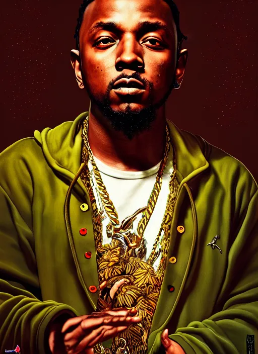Prompt: : Kendrick Lamar rapper fantasy, fantasy magic,  , intricate, sharp focus, illustration, highly detailed, digital painting, concept art, jahbu art and Paul lewin and kehinde wiley, masterpiece