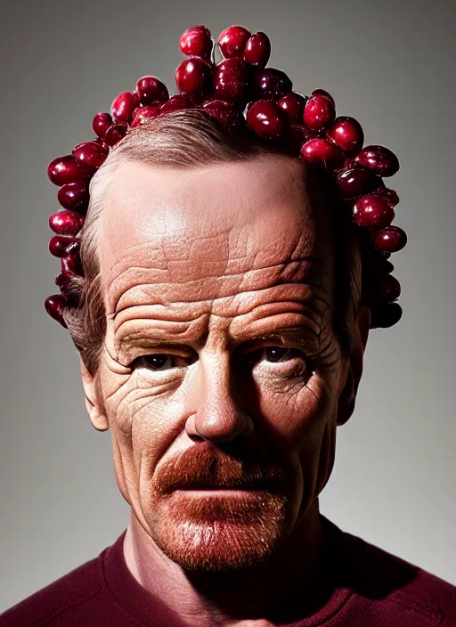 Image similar to tiny bryan cranston fused with a cranberry, cranberry helmet, studio light, bloom, detailed face, magazine, press, photo, steve mccurry, david lazar, canon, nikon, focus