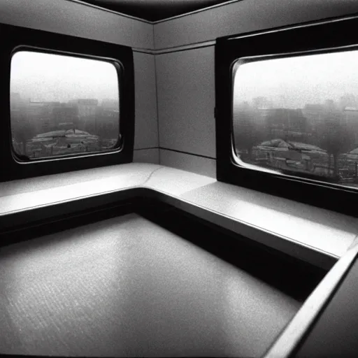 Prompt: hyperrealistc, photographic, highly detailed, foreground shinkansen interior with seat and table at foggy window view of background film still tokyo ( 1 9 6 0 s ) fujiyama in the distance beyond sakura trees scene