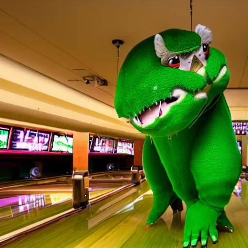 Image similar to cinematic photo of a giant taxidermized furry green crab in a bowling alley