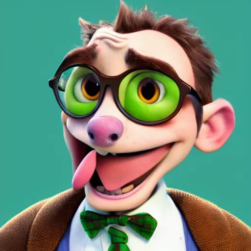 Image similar to close up portrait of a nerd guy happily announce new video, Pixar's Up character, 3D render,youtube thumbnail,flat green screen background,high resolution, high quality, detailed, zootopia, cgsociety,artstation, deviantart