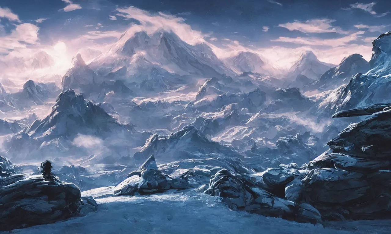 Image similar to frozen planet with mountains in clouds on the background, ravine in front, science-fiction, cinematic lighting, cinematic angle, Syd Mead, Federico Pelat, daylight, blue sky, spaceship in the sky