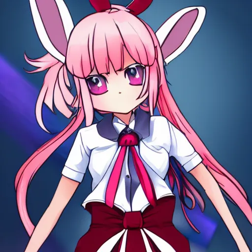 Image similar to Reisen Udongein Inaba, Touhou project, is wearing a white blouse with short sleeves, a red belt, and a blue skirt, Red eyes, long light purple hair, long rabbit ears, Wearing a white blouse, a purple skirt and a red tie, a carrot-shaped clip on the tie, circle eyes, in front, 4k, 2d, high quality, anime artist, reluvy5213