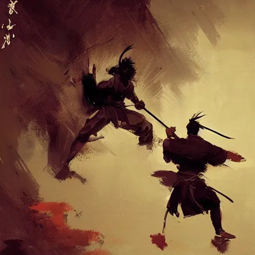 Image similar to samurai duel, paint by greg rutkowski