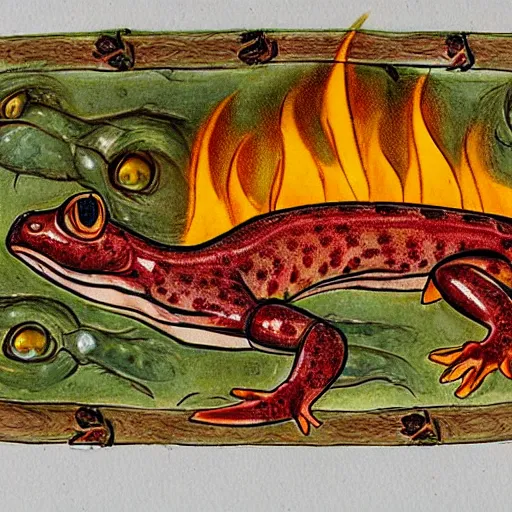 Image similar to salamander on fire in the style of a grotesque of an illuminated manuscript