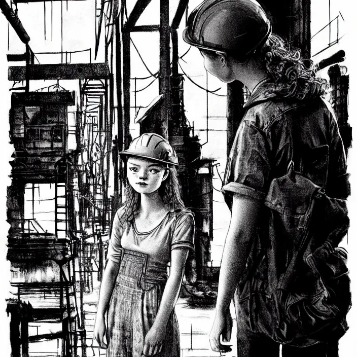 Image similar to sadie sink in dirty work clothes : leaves industrial district. waves goodbye to workmen background : factory, dirty, polluted. technique : black and white pencil and ink. by gabriel hardman, joe alves, chris bonura. cinematic atmosphere, detailed and intricate, perfect anatomy