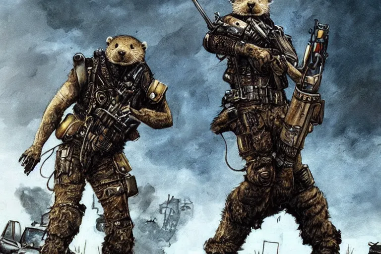 Image similar to a good ol'otter fursona ( from the furry fandom ), heavily armed and armored facing down armageddon in a dark and gritty version from the makers of mad max : fury road. witness me.