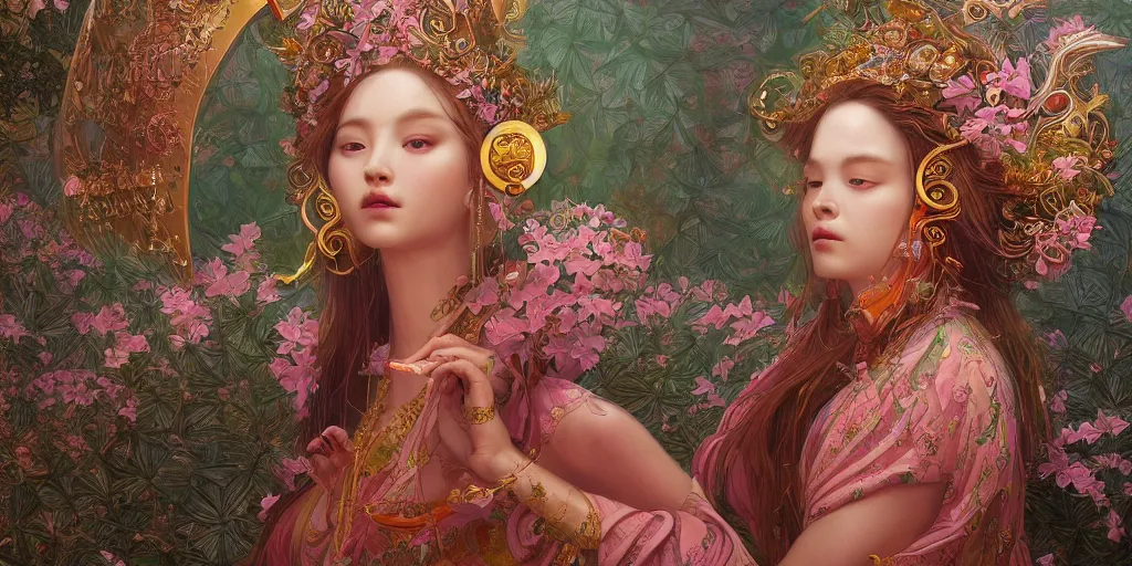 Image similar to breathtaking detailed concept art painting of the goddess of flamingo, orthodox saint, with anxious, piercing eyes, ornate background, amalgamation of leaves and flowers, by Hsiao-Ron Cheng, extremely moody lighting, 8K