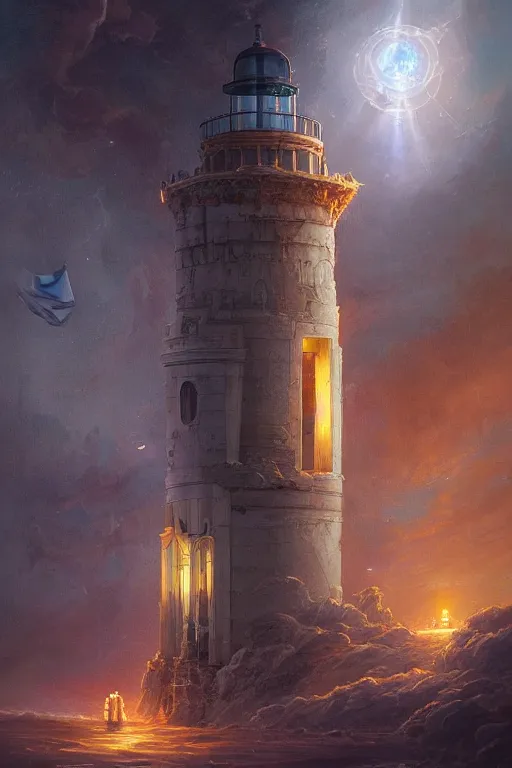 Prompt: Detailed Exterior Shot of Angelic Lighthouse of Alexandria, light of infinity, epic shafts, swarm of fireflies, magic atmosphere, in Style of Peter Mohrbacher, cinematic lighting