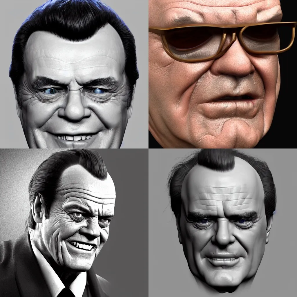 Prompt: 3D model of Jack Nicholson\'s head in Blender, photorealistic Cycles portrait render, artstation