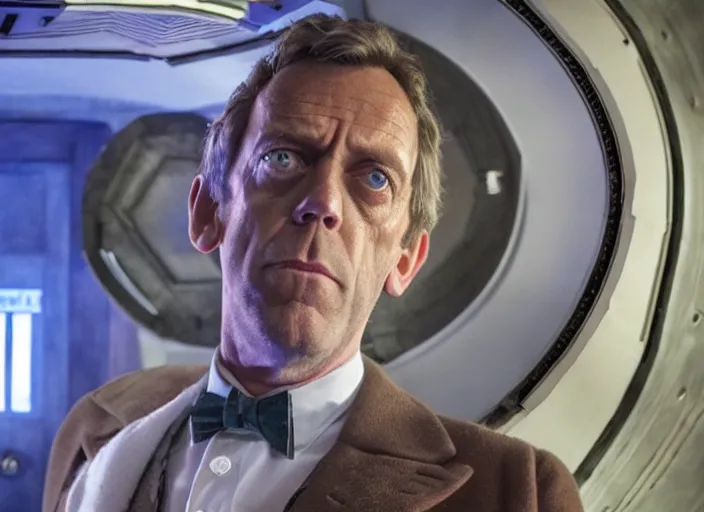 Prompt: film still of hugh laurie as doctor who inside the tardis cockpit in the new doctor who series, 4 k