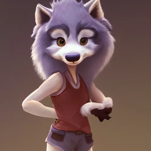 Image similar to portrait character design a cute fluffy wolf girl, style of maple story and zootopia, 3 d animation demo reel, portrait studio lighting by jessica rossier and brian froud and gaston bussiere