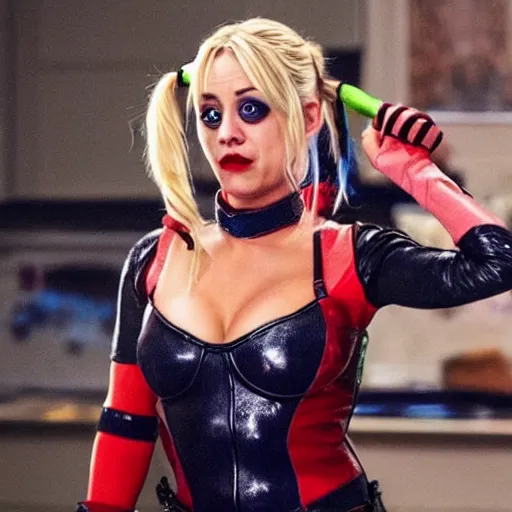 Image similar to A still of Kaley Cuoco as Harley Quinn