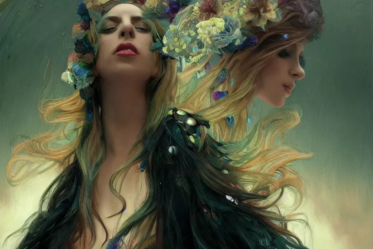 Prompt: music video screenshot of Lady gaga song chromatica, unreal, fantasy, intricate, elegant, dramatic, highly detailed, photorealistic, digital painting, painterly, artstation, concept art, smooth, sharp focus, art by John Collier and Krenz Cushart and Artem Demura and Alphonse Mucha and Albert Aublet