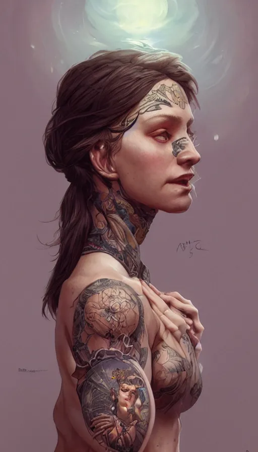 Image similar to tattooed lady, sweaty, insane, intricate, highly detailed, digital painting, artstation, concept art, smooth, sharp focus, illustration, Unreal Engine 5, 8K, art by artgerm and greg rutkowski and alphonse mucha