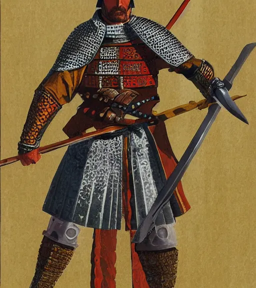 Image similar to character art illustration portrait of a medieval Byzantine infantry warrior by Angus McBride, dynamic pose.