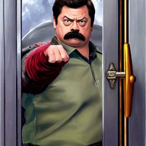 Image similar to ron swanson dressed as a paladin trying to unlock a door, realistic painting, alex ross