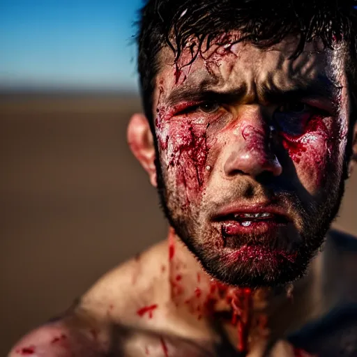 Image similar to portrait of snarling UFC fighters, bloodied and bruised, desert background,